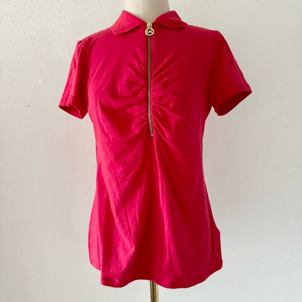 MICHAEL KORS Half Zip Short Sleeve Polo Top Shirt Women's Size Medium Red Logo M - Picture 2 of 6